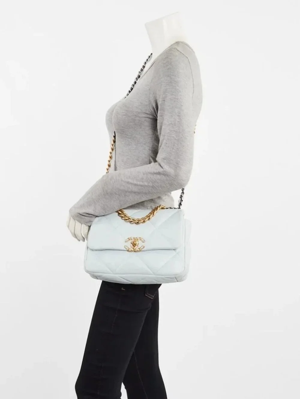 Chanel Light Blue Quilted Lambskin Leather Medium Chanel 19 Bag